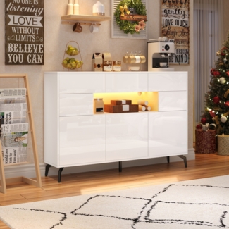 Merax 140cm Sideboard, mit 3 Schubladen und 5 Schränken, Hochglanz-Kommode Mit LED-Lichtleiste, Schrank mit 5 Metallbeinen, MDF, weiß