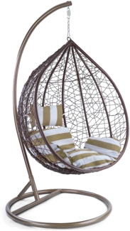 Luxus Hängesessel Miami XXL Polyrattan Korb und Gestell braun Kissen Braun Weiss