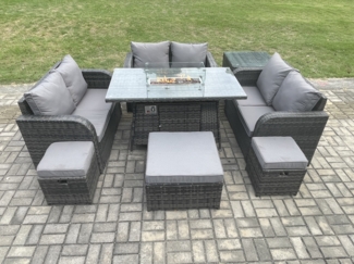 Fimous 9-Sitzer Rattan Möbel Garten Essgarnitur Gas Feuer Pit Tisch mit Beistelltisch Liebe Sofa 3 Fußhocker Dunkelgrau Gemischt