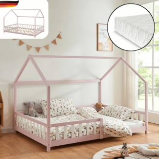 DELUKE® Kinderbett 120x200 OKLA - mit Matratze Lattenrost Rausfallschutz Haus-OptikEinzelbett aus Holz Hausbett Kinderzimmer Montessori Bett Rosa