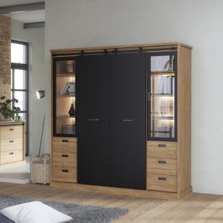 Kleiderschrank >KASZIMIRO< in EicheDekor/schwarz mit Glas - 203,2x208,4x61cm (BxHxT)