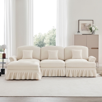 Modulares Mid-Century L-förmiges 3-Sitzer Sofa, Chenille, Trichter-Armlehnen, abnehmbare Rüschenschürze, spindelförmige Beine, beweglicher Hocker, tiefer Sitzkomfort fürs Wohnzimmer, weiss