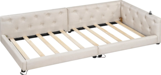 Schlafsofa mit LED-Beleuchtung, Lattenrost und Mehrfachsteckdose, 90x200 cm, Einzelbett, Polsterbett, Leinen