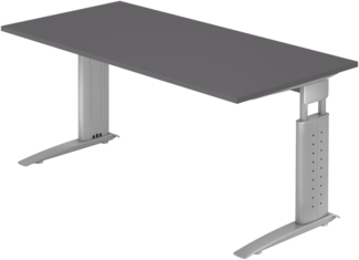 bümö höhenverstellbarer Schreibtisch U-Serie 160x80 cm in graphit, Gestell in Silber - PC Tisch für's Büro manuell höhenverstellbar, Computertisch verstellbar, US-16-G-S