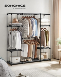 SONGMICS Kleiderschrank offen, Kleiderständer, Kleiderstange, Garderobe, 43 x 151 x 166 cm, 4 Hängefächer, viel Platz, für Schlafzimmer, Wohnzimmer, schwarz RYGDE036B02