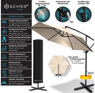 KESSER® Alu Ampelschirm Sonnenschirm + Abdeckung Ø300 cm / Ø350 cm mit Kurbelvorrichtung Kurbelschirm mit Ständer UV-Schutz Aluminium Wasserabweisende Bespannung - Schirm Gartenschirm Marktschirm 300cm, Beige