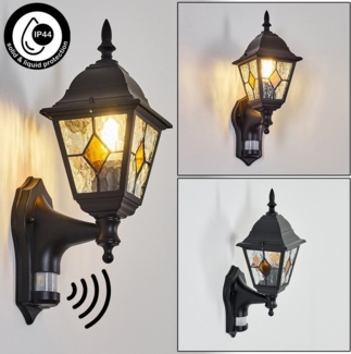 hofstein Außen-Wandleuchte Außenwandlampe mit Bewegungsmelder aus Metall/Glas, E27, IP44, Wandleuchte außen im Vintage/Antik-Design in Schwarz/Klar/Orange