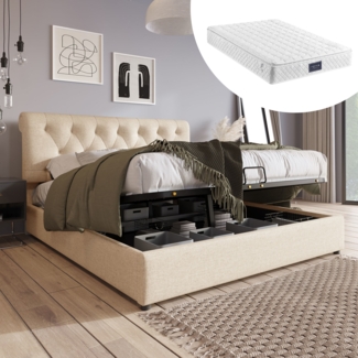 Polsterbett 140x200 cm mit Bettkasten und hydraulischem Lattenrost, höhenverstellbares Kopfteil, Stauraumbett aus Leinen,inklusive Matratze