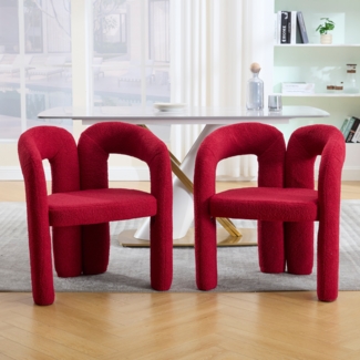 LVHOM Armlehnstuhl M-Form Freizeitstuhl, Esszimmerstühle 2er Set, Polsterstuhl aus Teddyplüsch, Küchenstuhl mit Rückenlehne, Wohnzimmerstuhl, Rot