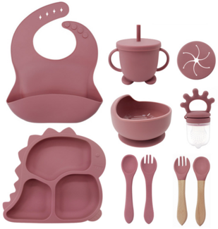 Kindergeschirr-Set mit Dinosaurier-Motiv, Schüssel aus lebensmittelechtem Silikon, Babygeschirr für die Beikostvorbereitung, mit Fächern - dunkelrosa.