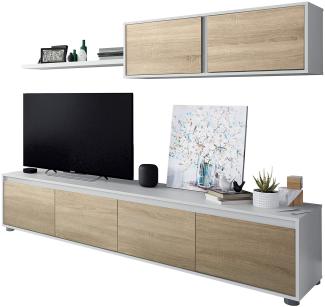 Wohnzimmer TV-Ständer mit vier Türen, mit Hängeschrank und Regal, Farbe kanadische Eiche und Artikweiß, Maße TV-Ständer 200 x 43 x 41 cm Hängeschrank 105 x 35 x 29 cm Regal 95 x 3 x 21 cm