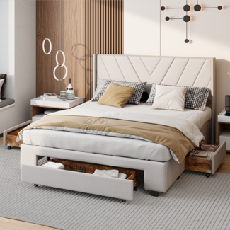 Teahutty Bettgestell 160x200 cm, Doppelbett mit 3 Schubladen, Stauraum, Lattenrost, Kopfteil, ohne Matratze, Leinenstoff