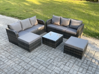 Fimous Rattan-Gartenmöbel 8-Sitzer Set Patio Tisch Sofa Stuhl Set mit Graue Kissen 2 hohen Hockern