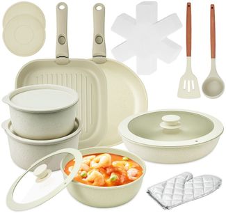 ElitVita Topf-Set Kochtopf set, mit Abnehmbarer Griff, Antihaft, Aluminiumguss, Aluminiumguss (Set, 23-tlg, 23-tlg.Ø20/26cm Pfanne, Ø26cm quadratische Backpfanne), mit Großer Löffel Spatel, für Alle Herdarten Backofenfest