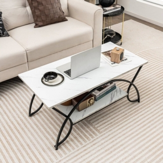 COSTWAY Couchtisch Marmor, mit Ablage & goldenem Metallbeinen, 100 x 50 x 45 cm