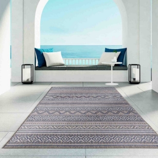 TaraCarpet Teppich Regina Teppich aus robustem Flachgewebe für In und Outdoor, rund, Höhe: 7 mm, Küche Wohnzimmer Terrasse Garten Balkon Boho blau 160x160