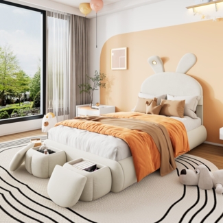 Polsterbett mit LED-Beleuchtung und Sitzhocker (90x200 cm), Enzelbett mit Stauraum, Samt