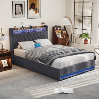 REDOM Polsterbett mit Premium-Samt – Stabil, Komfortabel, Zeitlos (Robuster Holz-Eisen-Rahmen • Atmungsaktiver Schaum • Inklusive Lattenrost, 2-tlg), Mit LED-Lichtleiste und USB-Aufladung