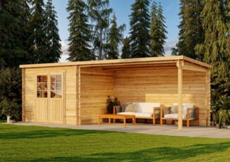 Alpholz Gartenhaus Brilon 28-A Gartenhaus aus Holz in Pinie Holzhaus mit 28 mm Wandstärke inklusive Terrasse Blockbohlenhaus