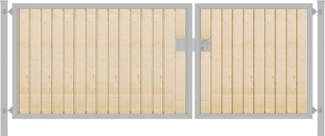 Elektrisches Einfahrtstor Premium-Line (2-flügelig) mit Holzfüllung senkrecht asymmetrisch verzinkt B: 400 cm H: 180 cm