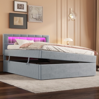 Polsterbett 90x200 cm mit LED-Ambientebeleuchtung, Bett mit Stauraum und Hebefunktion,verstellbarem Kopfteil,Samtbezug mit Fernbedienung in Grau