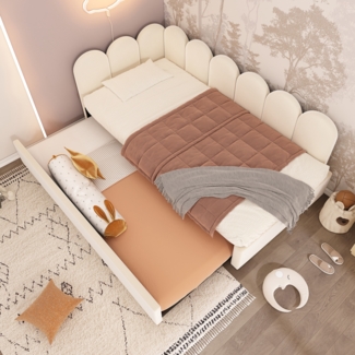 Merax Daybett Polsterbett 90x200cm,Tagesbett Schlafsofa mit Ausziehbett 90x190cm, Kinderbett mit Lattenrost, Samt, Beige, ohne Matratze