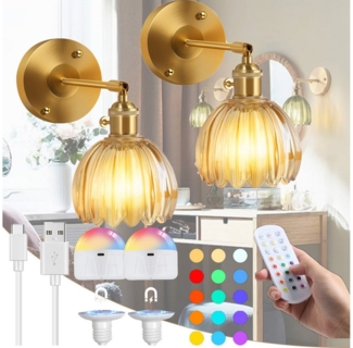 Jibenhome LED Wandleuchte Vintage-Wandleuchten, Tulpenglas-Lampenschirm, Kabellos, Dimmbar RGB, mit Aufladbar Leuchtmittel, Fernbedienung, Wand Nachttischlampe, für Schlafzimmer Wohnzimmer Flur