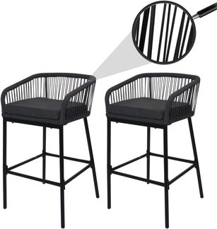 2er-Set Rope-Barhocker HWC-O22, Tresenhocker, Outdoor Sitzpolster Seilgeflecht Metall ~ anthrazit, Kissen dunkelgrau