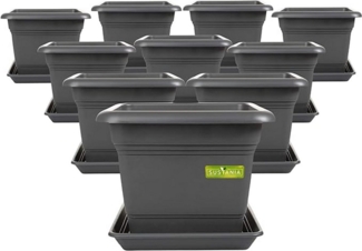 SUSTANIA Blumentopf Pflanzkübel mit Untersetzern (10er Set 28 x 28 x 22 cm), Anthrazit Pflanztopf eckig