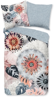 hip Wendebettwäsche Ralvira, Biber, Flanell, 3 teilig, Flanell, Biber, Warm, Wendeoptik, Mandala, Blumen, Blätter, Grau