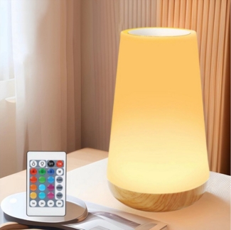 MODFU LED Nachttischlampe Touch Dimmbar USB Aufladbar mit Fernbedienung Holzoptik Nachtlicht, Timer und Memory Funktion, LED fest integriert, 13 Lichtfarben, 5 Helligkeitsstufen, Stimmungslicht für Kinderzimmer Schlafzimmer Wohnzimmer
