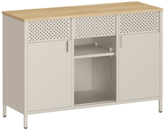 SONGMICS Aufbewahrungsschrank, Metallschrank, Schrank mit Doppeltür, Sideboard, Magnetverschluss, verstellbare Einlegeböden, Stahlgestell, sandbeige-natureichenfarben