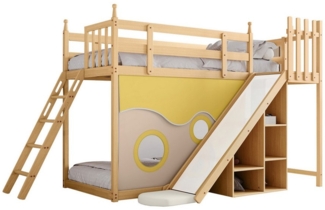 REDOM Kinderbett Etagenbett, Holzbett, Bett, Gästebetten, Hausbett (mit Treppe und Zäune, mit Bettvorhang, Rutsche und Regal, mit Fallschutz und Gitter, Rahmen aus Kiefer 90x200 cm), Ohne Matratze