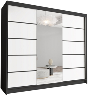 Schwebetürenschrank Netro VI 250 cm mit Spiegel - Groß Kleiderschrank, Schiebetürenschrank mit Kleiderstange und Einlegeboden, Schlafzimmerschrank, Schiebetüren, 250x215x58 cm (Schwarz/Weiß)