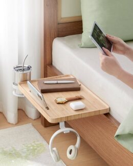 Vasagle Bettablage mit Haken zum Einhängen, drehbar, verstellbare Klemmen, 7,9 x 27 x 37,8 cm, Naturbeige