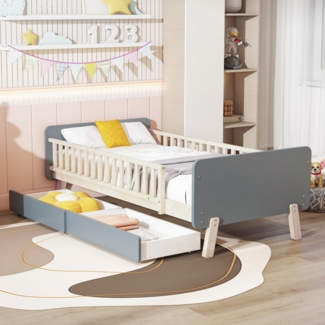 Kinderbett, Einzelbett aus Massivholz mit Lattenrost, Massivholz, Grau, 90x190
