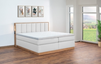 Meisterbetten Boxspringbett Sely mit Holzdekor Eiche Cognac 140x200 in LM-Weiß, Matratzenbezug Nano, Midisoft-Topper