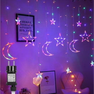 SERBASIC Lichterkette 3.5M Sterne Mond Lichtervorhang mit Stecker, 8 Modi, Timer, 31V, Für Fenster Garten Außen Weihnachtsdeko, Warmweiß & Mehrfarbig