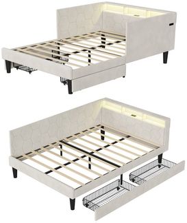 Furnishings Home Polsterbett 90 x 200cm, LED Daybett Tagesbett Ausziehbett (Mit 2 Schubladen, Geeignet für Jungen und Mädchen), Mit LED-Beleuchtung, Ladefunktion, Samt