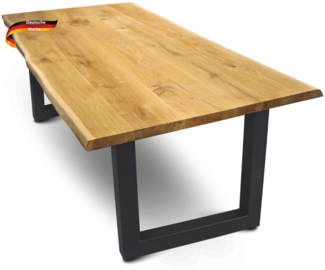 DELUKE® Massivholz Wohnzimmertisch mit Baumkante RAGNAR - 260x100cm, Eichenholz, U-Tie Gestell | Esstisch Holz Küchentisch Esszimmertisch