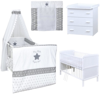 Baby-Delux Babyzimmer-Komplettset Babyzimmer 140x70 weiß Komplettset, (13-tlg), Babybett Wickelkommode Bettwäsche Set Komplettzimmer