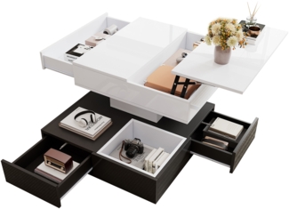 Couchtisch 70 x 70 x 40 cm (bis 55 cm) 360° drehbar, Hochglanz schwarz-weiß, 3 Schubladen, versteckter Stauraum