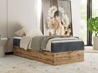 Boxspringbett, Einzelbett WOOD ZERO 90x200 cm, Hotelbett ohne Kopfteil, Bett mit Stauraum, 7-Zonen Multipocket-Matratze - Grau Cordstoff - H3 - Topper T25