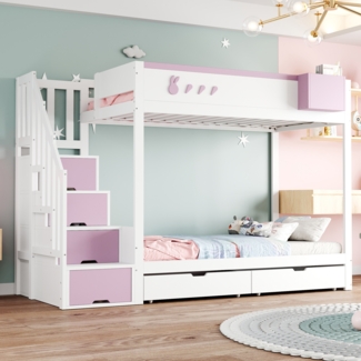 Kinder-Etagenbett 90x200 cm mit Kaninchen-Design, Stauraumleiter, Schubladen, Ablagefach, Massivholz,Weiß & rosa