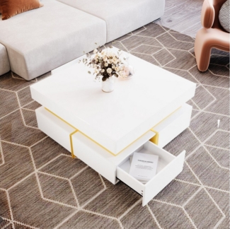 HAUSS SPOLE Couchtisch Hochglanz Beistelltisch mit Schubladen und goldenen Akzenten Weiß (Beistelltisch, 1-St, Zwei Schubladen zur Aufbewahrung), mit glattes Hochglanz-Finish,goldenen Verzierung, L70*H35.5*B70cm