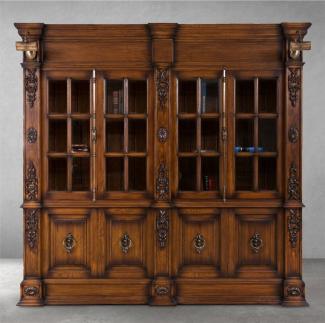 Casa Padrino Luxus Landhausstil Bücherschrank Braun / Antik Messing 262,5 x 54 x H. 251 cm - Massivholz Schrank mit Beleuchtung - Wohnzimmerschrank - Büroschrank - Luxus Landhausstil Möbel
