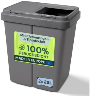 Gardissimo Mülleimer Mülltrennsystem Duo Bin grau 2 fach Müll Tonne Abfalleimer Sortierer, mit Tipp-Deckeln und Klemmringen