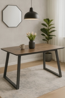 Moderner Esstisch ausziehbar 120–160 cm, Holzdekor braun, Gestell Metall anthrazit