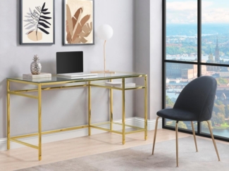 Vente-unique - Schreibtisch mit 2 Ablagen - Glas & Stahl - Goldfarben - TIZIO von Pascal Morabito