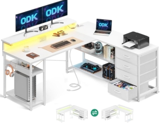 ODK Schreibtisch mit Schubladen, 2 Steckdosen und USB, Schwarz, 135×110cm (1-St)